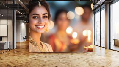 smiling indian woman holding oil lamp on diwali festival. Wall mural