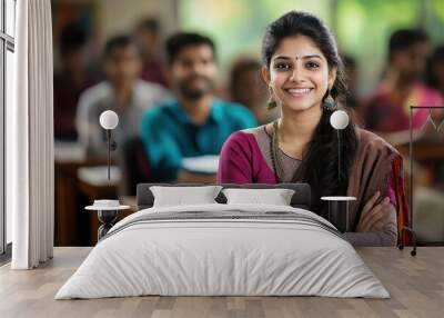 Successful female student with group of college students at classroom Wall mural