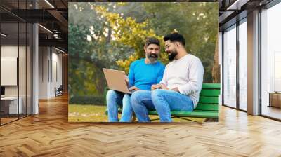 Two indian male discuss and using laptop at park Wall mural