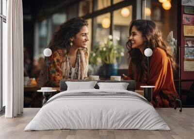 Two indian women discussing to each other at restaurant. Wall mural