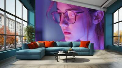 Women in glasses reading html scripts, programming and cyber security research, plus data analytics and holograms of data. Wall mural