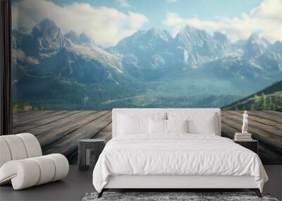 Wood desk or wood floor for product display with mountain background Wall mural