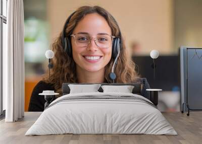 young beautiful woman working at call center Wall mural