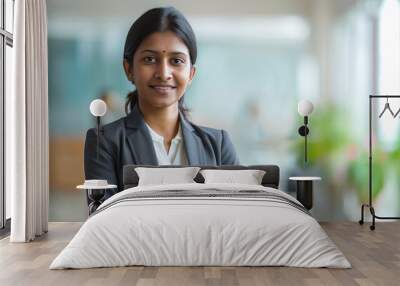 young indian businesswoman standing near window at office Wall mural