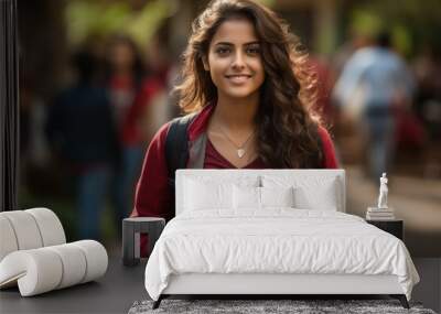 Young indian college girl holding backpack and books and giving happy expression. Wall mural