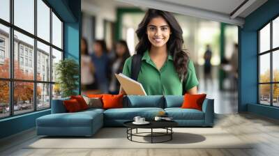 Young indian college girl holding backpack and books and giving happy expression. Wall mural