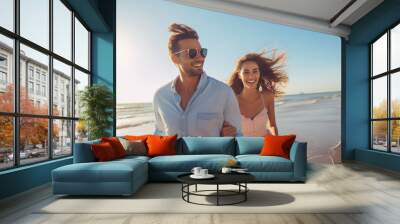 young indian couple enjoying at sea beach Wall mural