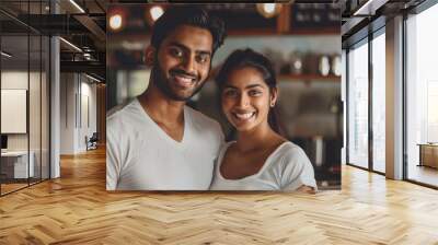 young indian couple standing at restourant Wall mural