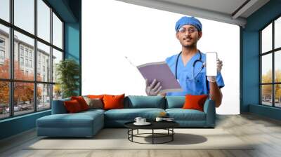 Young indian doctor showing smartphone screen over white backgro Wall mural