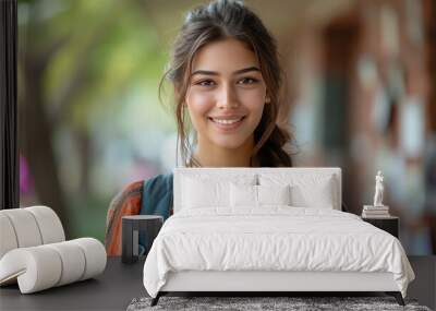 young indian girl college student holding books standing college campus Wall mural