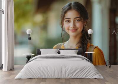 young indian girl college student holding books standing college campus Wall mural