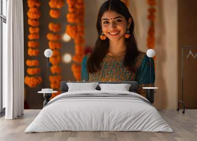 young indian woman holding oil lamp plate on diwali festival Wall mural