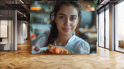 young indian woman holding shrimp plate Wall mural