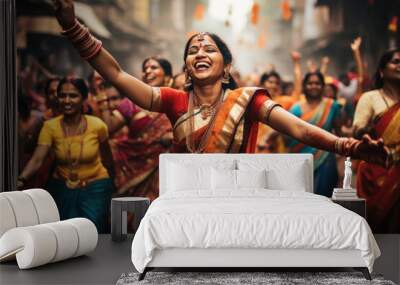 Young indian woman in traditional saree and get dancing Wall mural