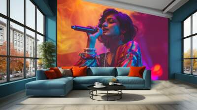 young indian woman singing with microphone Wall mural