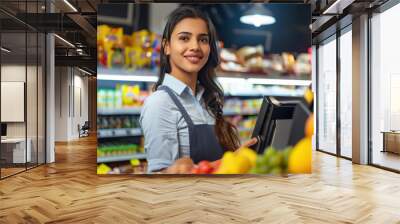 young indian woman standing at grocery store Wall mural