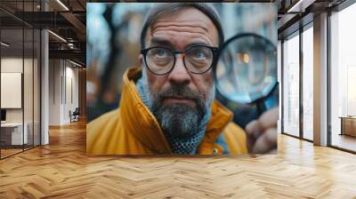 young man holding magnifying glass Wall mural