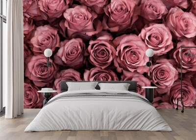 Big bunch of fresh pink roses in bouquet close up texture background  Wall mural