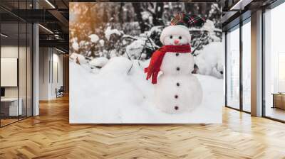 Snowman with cap and scarf in snowdrifts  Wall mural