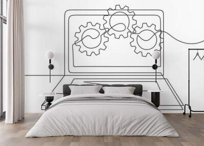 continuous one single line drawing of laptop and gears, Adjusting app options, maintenance, repair, fixing monitor. Wall mural