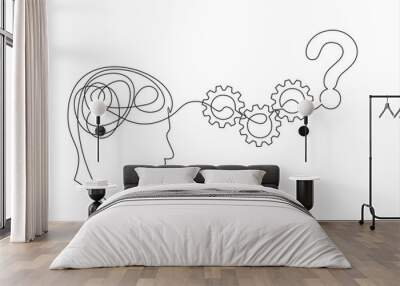 Human head open with question mark, gear. Dealing with problem and finding solution concept. Man creates new idea, solves issues. Violent brain activity, creating optimal solution.continuous line Wall mural