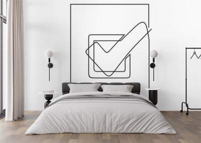 Single continuous line check icon silhouette. Approved test correct right element concept design.  Wall mural