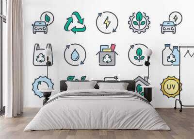 Ecology and Environment related color line icon set. Recycle and Nature care colorful linear icons. Eco Friendly and Alternative Energy Sources flat color outline vector sign collection. Wall mural