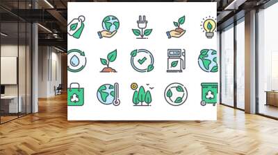 Environment related color line icon set. Ecology and nature colorful linear icons. Eco friendly flat color outline vector sign collection. Wall mural