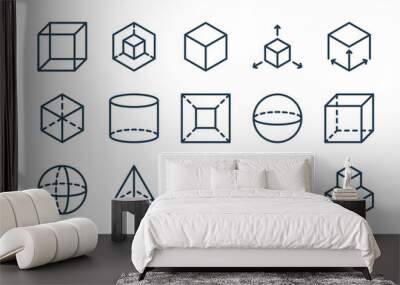 Geometric shapes related line icon set. 3D modeling objects outline icons. Wall mural