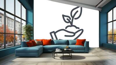 Plant in hand line icon. Hand holding plant with leaves vector outline sign. Wall mural