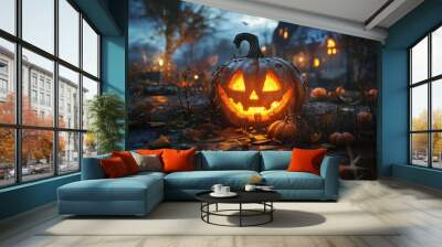 halloween pumpkin on the grave ,Halloween pumpkins in the forest at night.Halloween background with Evil Pumpkin. Spooky scary dark Night forrest. Holiday event halloween banner background concept Wall mural