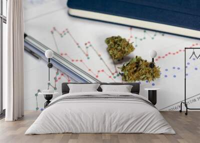 Indoor study space with marijuana buds, a ballpoint and a notebook . Prepared for concentration, work and relaxation. On the table there are papers with different graphics and cannabis studies. Wall mural