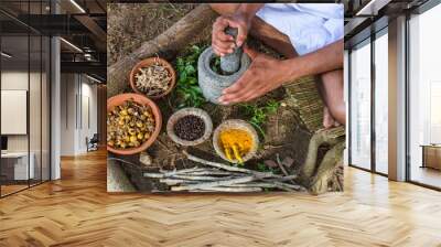 A young man preparing ayurvedic medicine in the traditional manner in India
 Wall mural