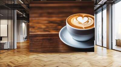 Coffee latte with heart shape. Cup of cappuccino on a wooden table. Generative ai Wall mural