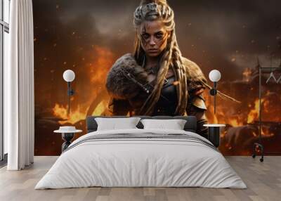 Fierce Viking warrior girl, Braided hair, untamed spirit, bravery, Battlefield on fire behind her, Generative AI. Wall mural