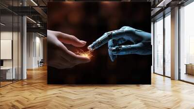 The human finger delicately touches the finger of a robot's metallic finger, sparks ignite between fingers. Concept of harmonious coexistence of humans and AI technology, Wall mural