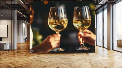 Two girls cheersing wine glasses. Two glasses of white wine, female hands. Generative ai Wall mural