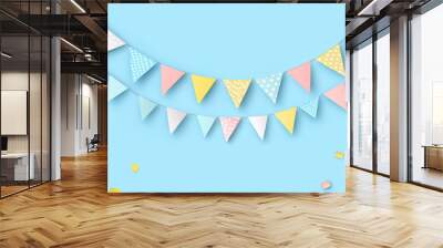 Two rows of garlands made with triangles on a blue background with balloons. Wall mural