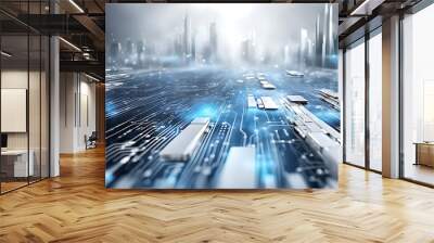 Abstract technology background with a network grid and particles connected. Sci-fi digital technology with line connect network and data graphic background. Wall mural