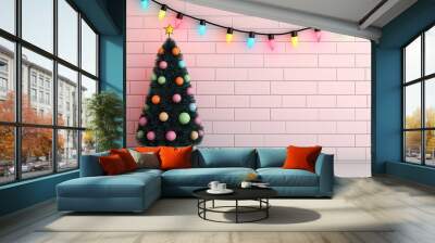 Festive christmas tree decorated with colorful ornaments and bright lights for holiday cheer in a cozy setting Wall mural