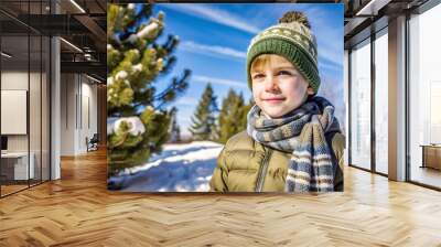 Happy Boy Wearing Winter Clothing in the Snow. Wall mural