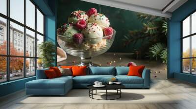 Ice Cream with Raspberries and Sprinkles. Wall mural