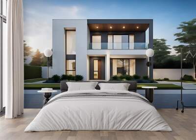 Modern luxury private house on a sunny day with blue sky and clouds. Wall mural