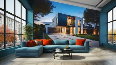 Modern luxury private house on a sunny day with blue sky and clouds. Wall mural