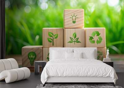 Wooden Blocks With Green Sustainability Icons. Wall mural