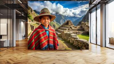 Young Peruvian Boy in Traditional Clothing at Machu Picchu. Wall mural