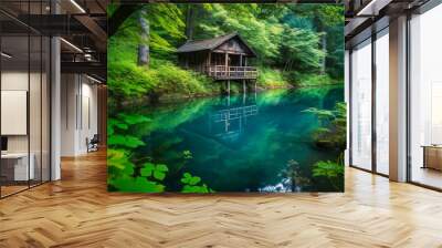 A captivating image of a secluded cabin situated on the shores of a tranquil lake, providing a serene and luxurious escape in nature Wall mural