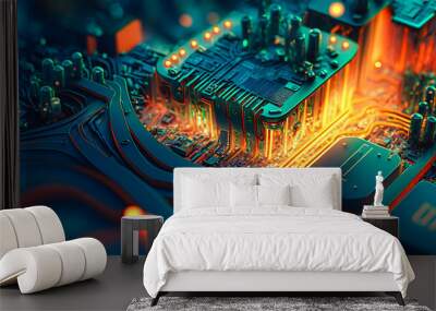 A circuit board-inspired composition with a digital aesthetic Wall mural