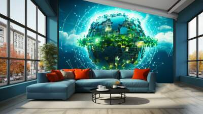 A digital globe radiating green hues, symbolizing a world powered by sustainable technology Wall mural