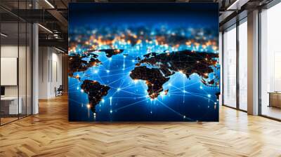 A digital world map illuminated with active trade routes and commerce hotspots Wall mural